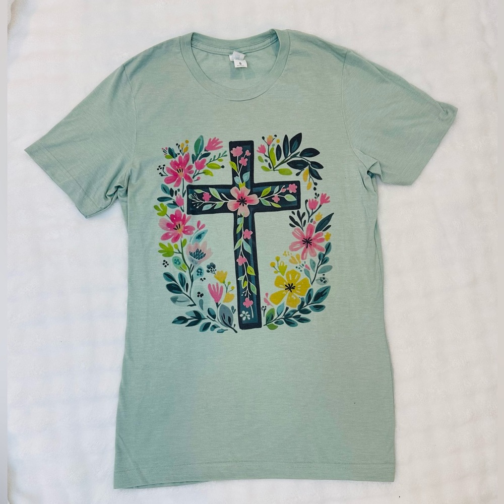 Mint Green Floral Cross Graphic Tee